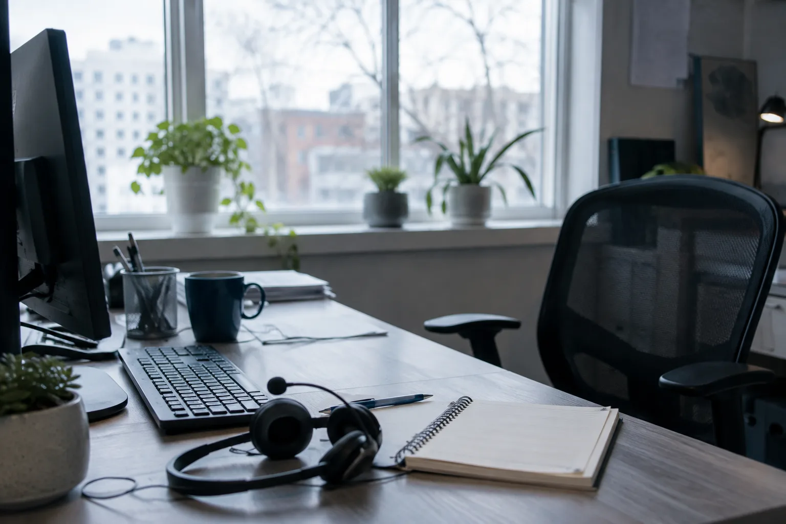A bright office desk with a headset resting beside the keyboard