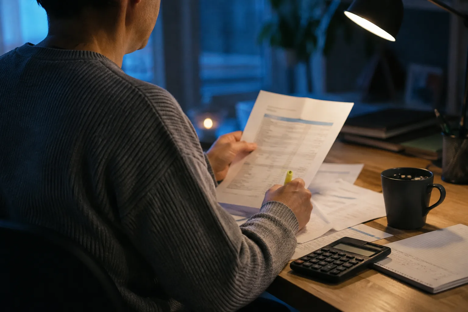 Un professionnel r&eacute;vise des &eacute;tats financiers &agrave; son bureau en soir&eacute;e
