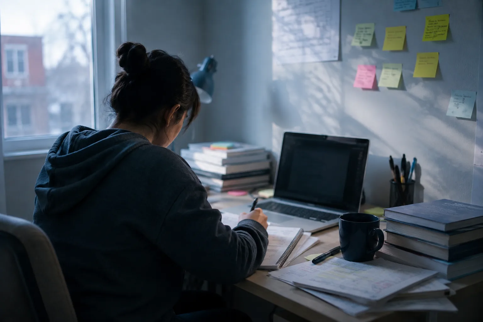 A tutor preparing lesson material at their desk