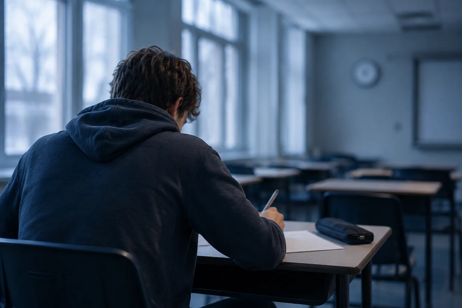 Un élève du secondaire compose dans une salle d’examen, vu de dos