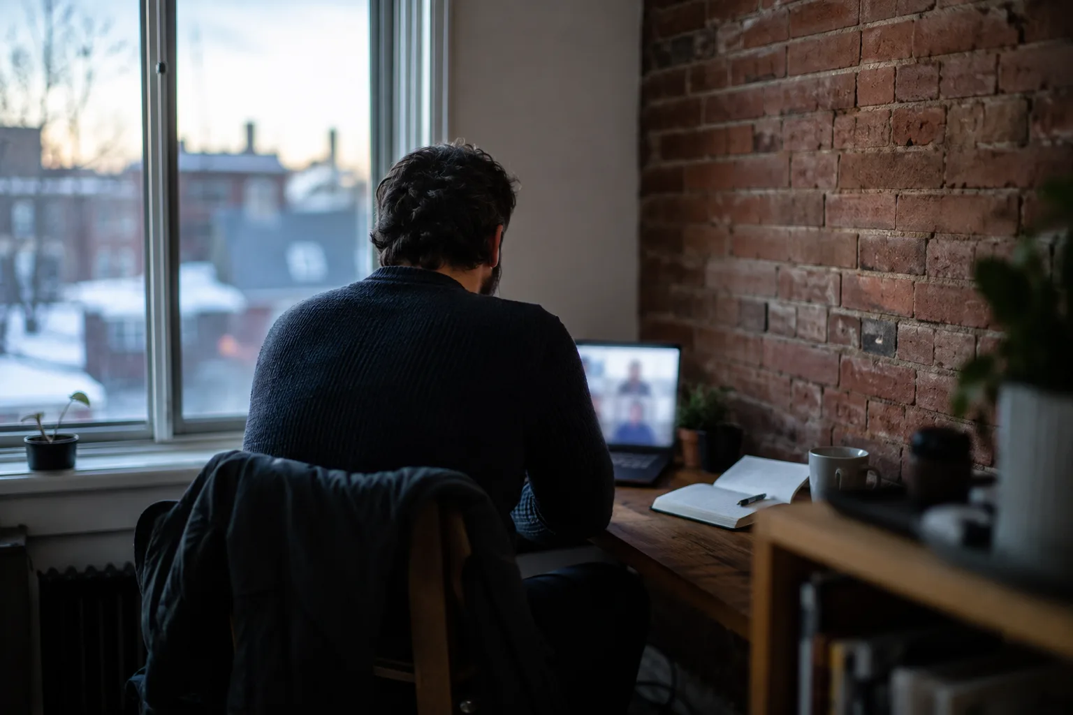 Un adulte suit un cours de français en ligne depuis son bureau