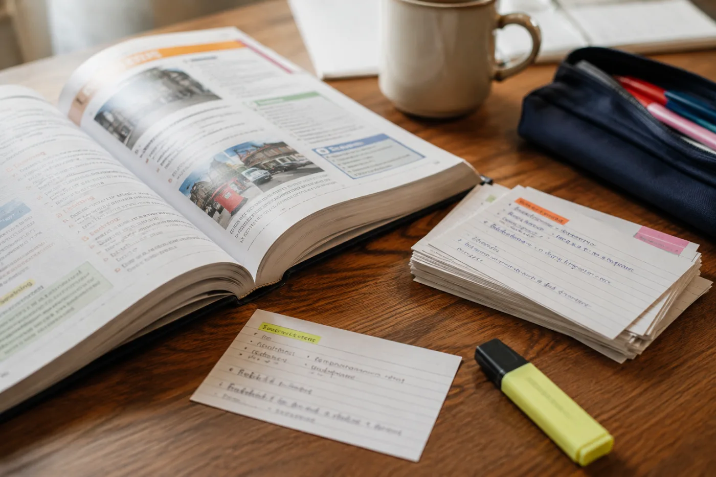 Un manuel d&rsquo;anglais ouvert avec des fiches de vocabulaire annot&eacute;es