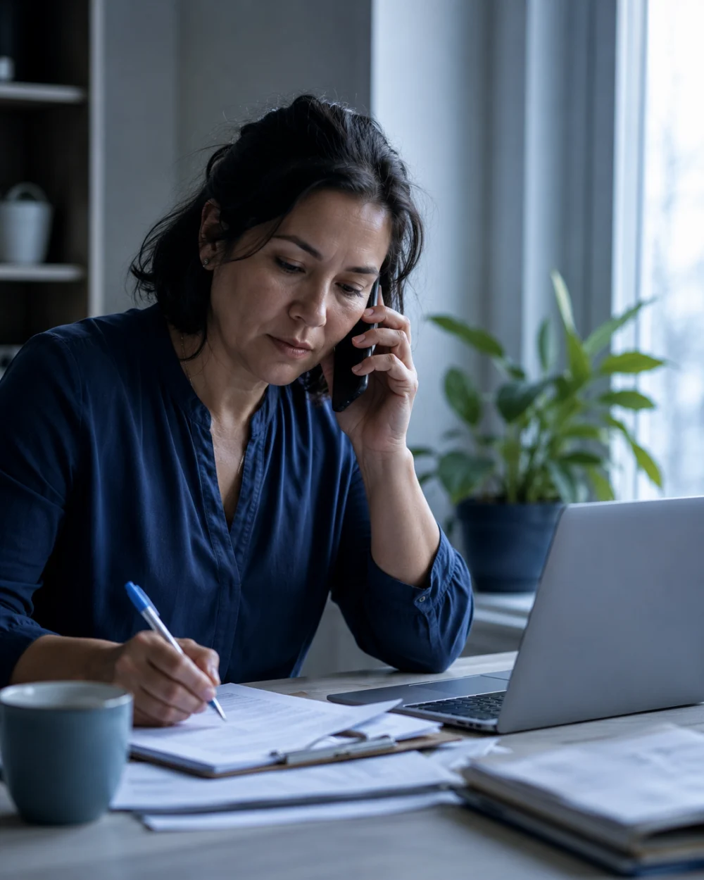 Une conseill&egrave;re p&eacute;dagogique prend des notes pendant un appel