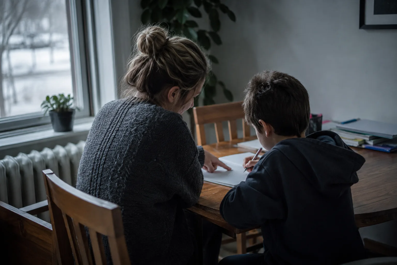 Un tuteur et un élève du primaire travaillent ensemble à la table de la cuisine